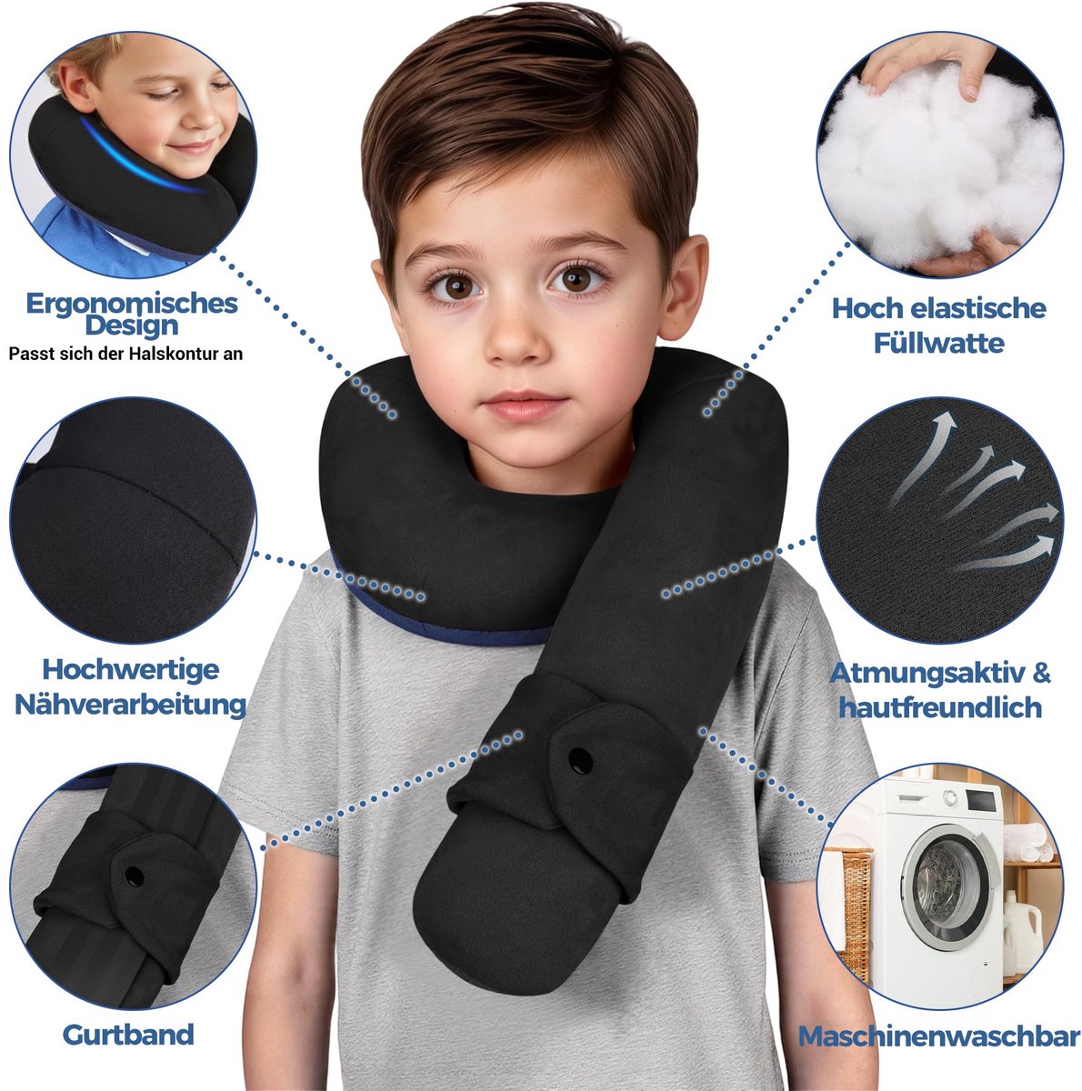 Reiskussen voor kinderen, zacht nekkussen voor kinderen op reis, gezellig nekkussen voor trein en vliegtuig, neksteunkussen voor autostoel, cadeau voor peuters vanaf 3 jaar (zwart-blauw)