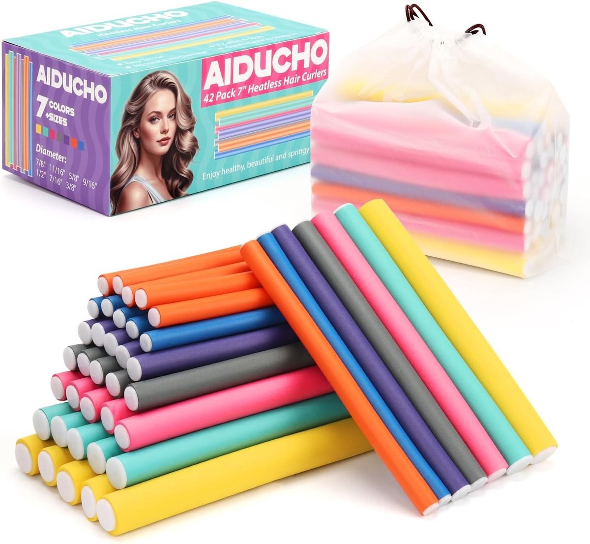 Grote schuimrollers voor 's nachts, 42 stuks, flexibele papilots voor grote krullen, hittevrije styling voor lang haar