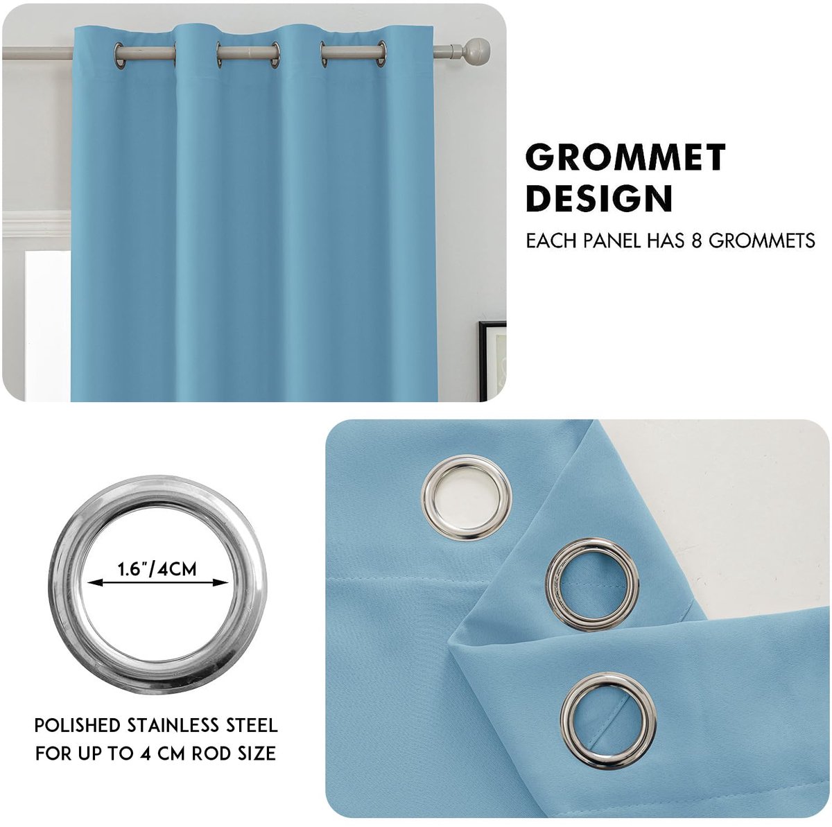 Kant En Klaar Set Van 2, 117x137cm, Gordijnen Verduisterend Met Ringen, Thermische Gordijn, Verduisteringsgordijn, Thermogordijnen, Deurgordijn Voor Slaapkamer Woonkamer, Lichtblauw