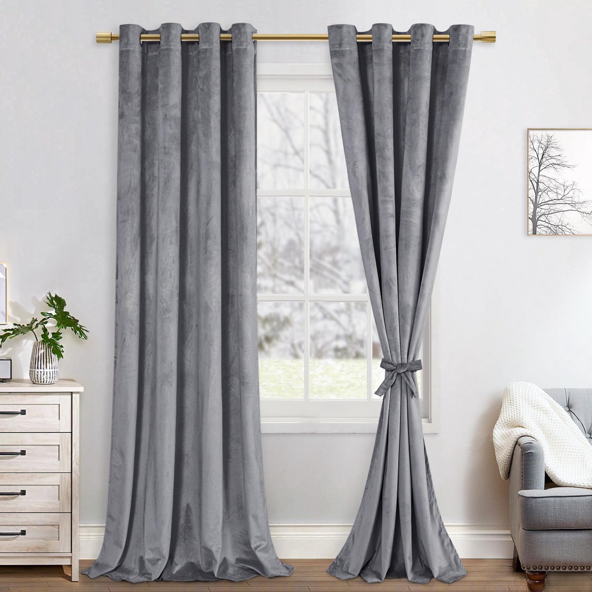 Verduisteringsgordijn van fluweel, zachte ondoorzichtige gordijnen met oogjes voor de slaapkamer, set van 2, 140 x 245 cm (breedte x hoogte), grijs