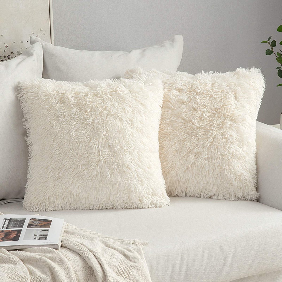 MIULEE Set van 2 kussenhoezen Kunstbont Bankkussen Decoratieve sierkussens Knuffelkussen Pluche kussen Knuffelig bankkussen Superzacht kussen Fluffy kussenhoes voor bank 50 x 50 cm Crèmewit
