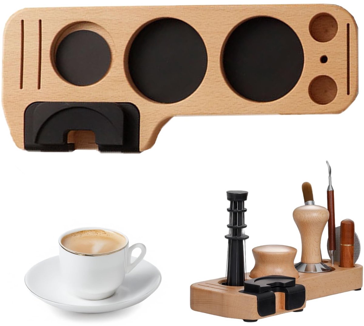 Dailygoods - Tamperstation voor barista's, 51/53/58mm Tamping Station, koffiestampbasis van beukenhout, standaard voor zeefdragers, koffiestamper, koffieverdeler, koffieborstel, puckzeven, tamper, koffie