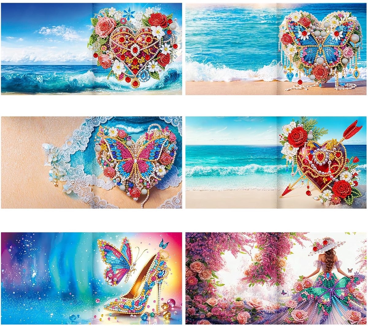 Dailygoods- Diamant Schilderij 5D DIY - Wenskaart - Liefde/Bloemen/Vlinder - Valentijnsdag/Moederdag - 6 Stuks - Ronde Diamant - Diamant Schilderkit