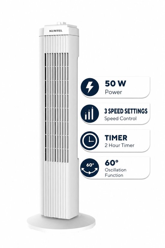 Witte staande ventilator van Kumtel met pictogrammen die 50W vermogen, 3 snelheden en een timer van 2 uur aangeven.