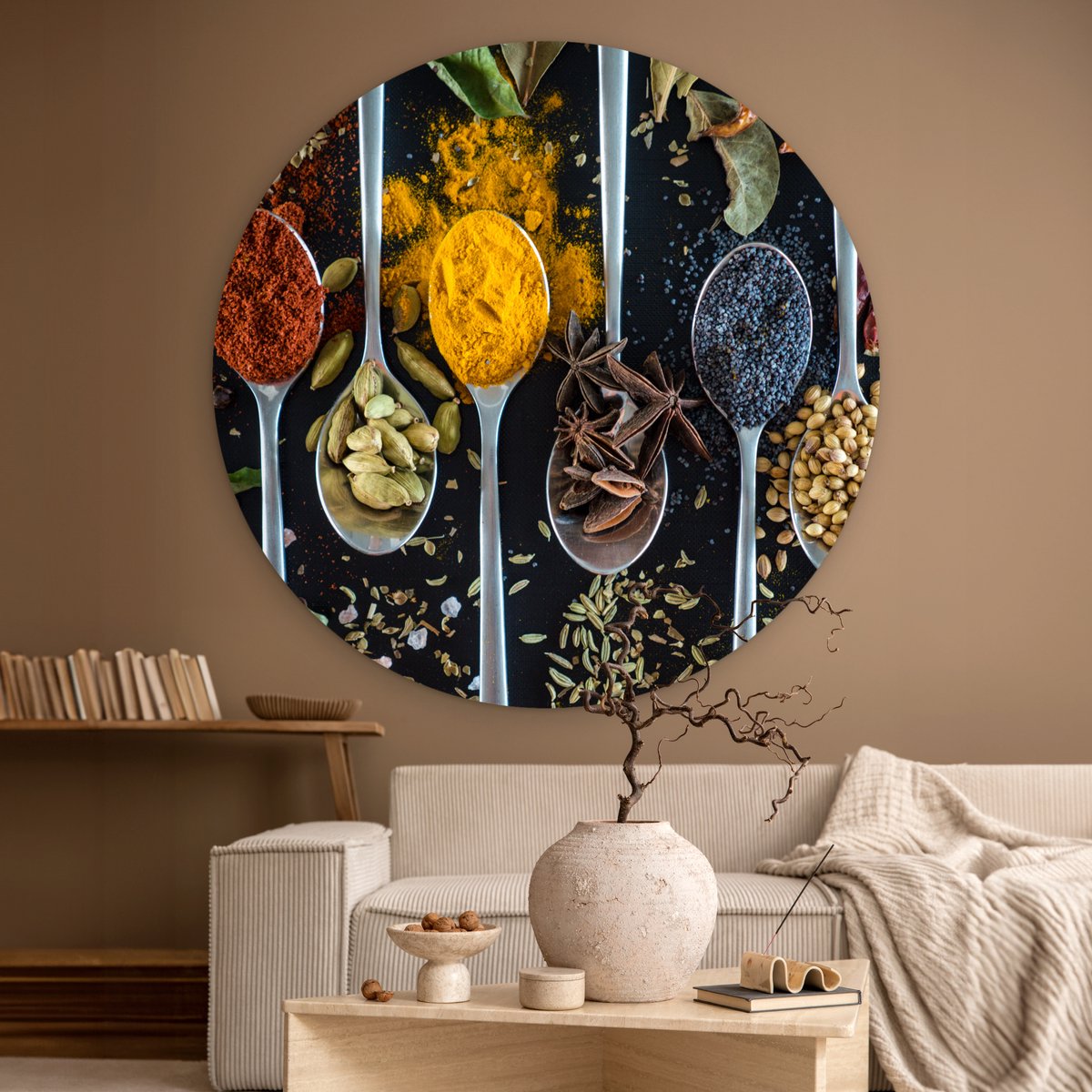 WallCircle Wandcirkel 150x150 cm - Muurcirkel Kruiden - Lepel - Specerijen - Zwart - Keuken - Muurdecoratie woonkamer - Wanddecoratie slaapkamer - Kamer decoratie accessoires - Ronde schilderijen Kruiden - Specerijen