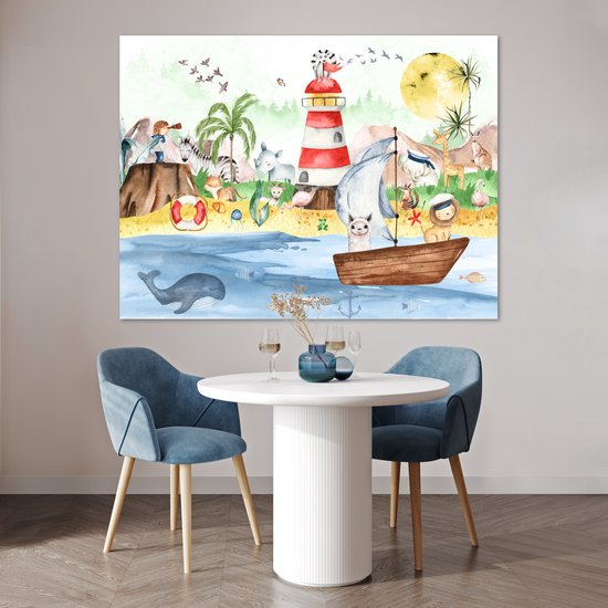 Poster kinderen - Wanddecoratie jongens - Strand - Dieren - Kinderen - Vuurtoren - Poster kinderkamer - 160x120 cm - Decoratie kinderkamers - Kinderkamer decoratie - Poster Babykamer — afbeelding 2