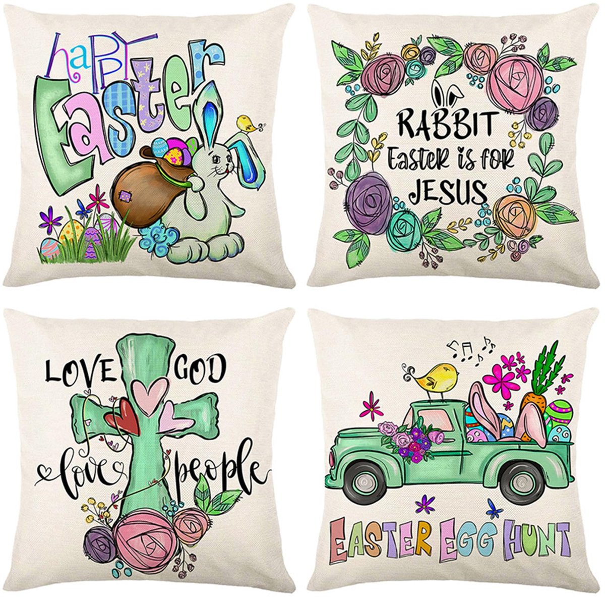 Set van 4 kussenslopen 65 x 65 cm konijnendecoratieve kussenslopen linnen vierkante kussenslopen met onzichtbare rits voor bank slaapkamer woonkamer tuin dubbelzijdige kussenslopen