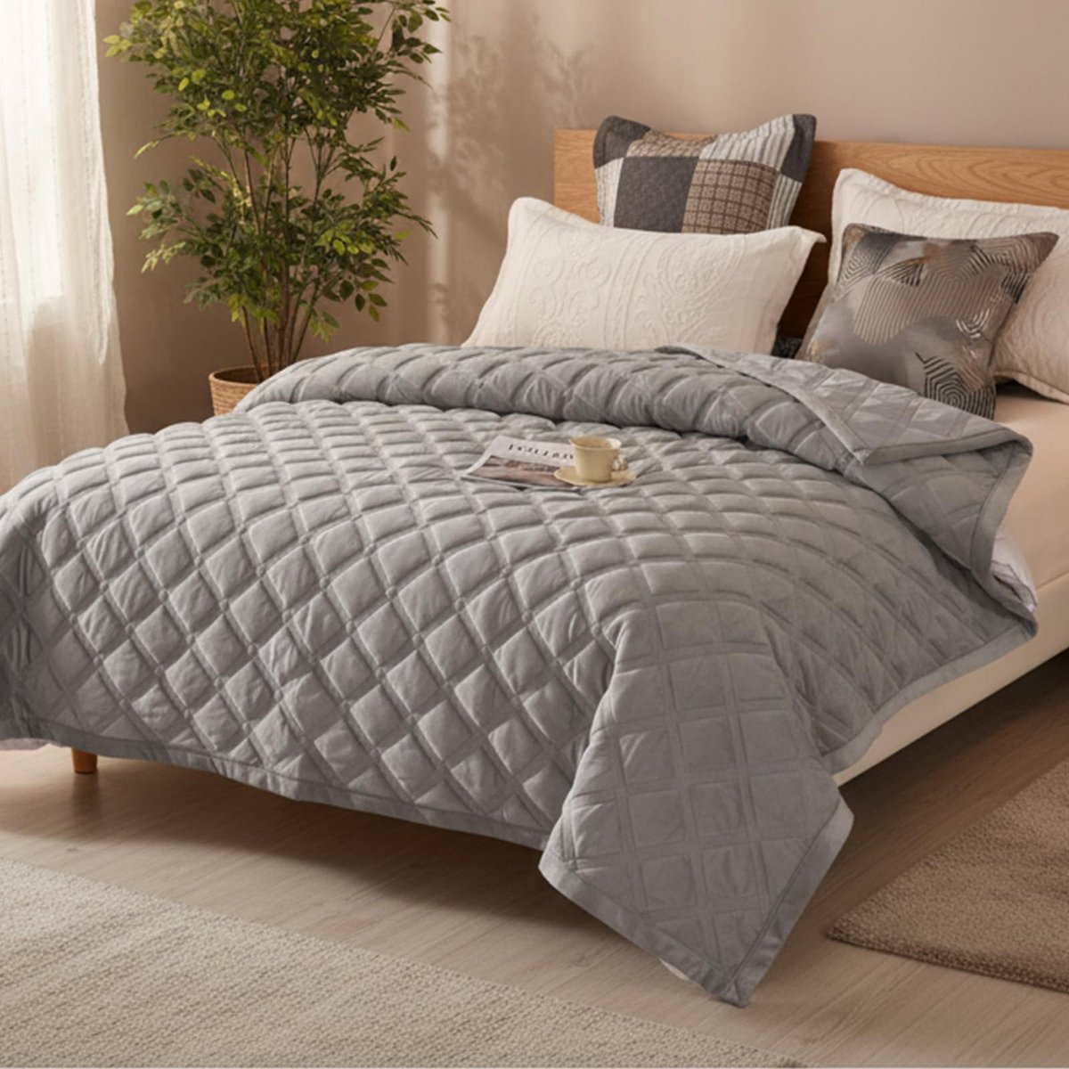 Bedsprei, 3-delige set: het hele jaar door, ultrazachte microvezel, knuffeldeken, kingsize 220 x 240 cm, comfortset met 2 kussenslopen 50 x 70 cm, machinewasbaar (lichtgrijsB)