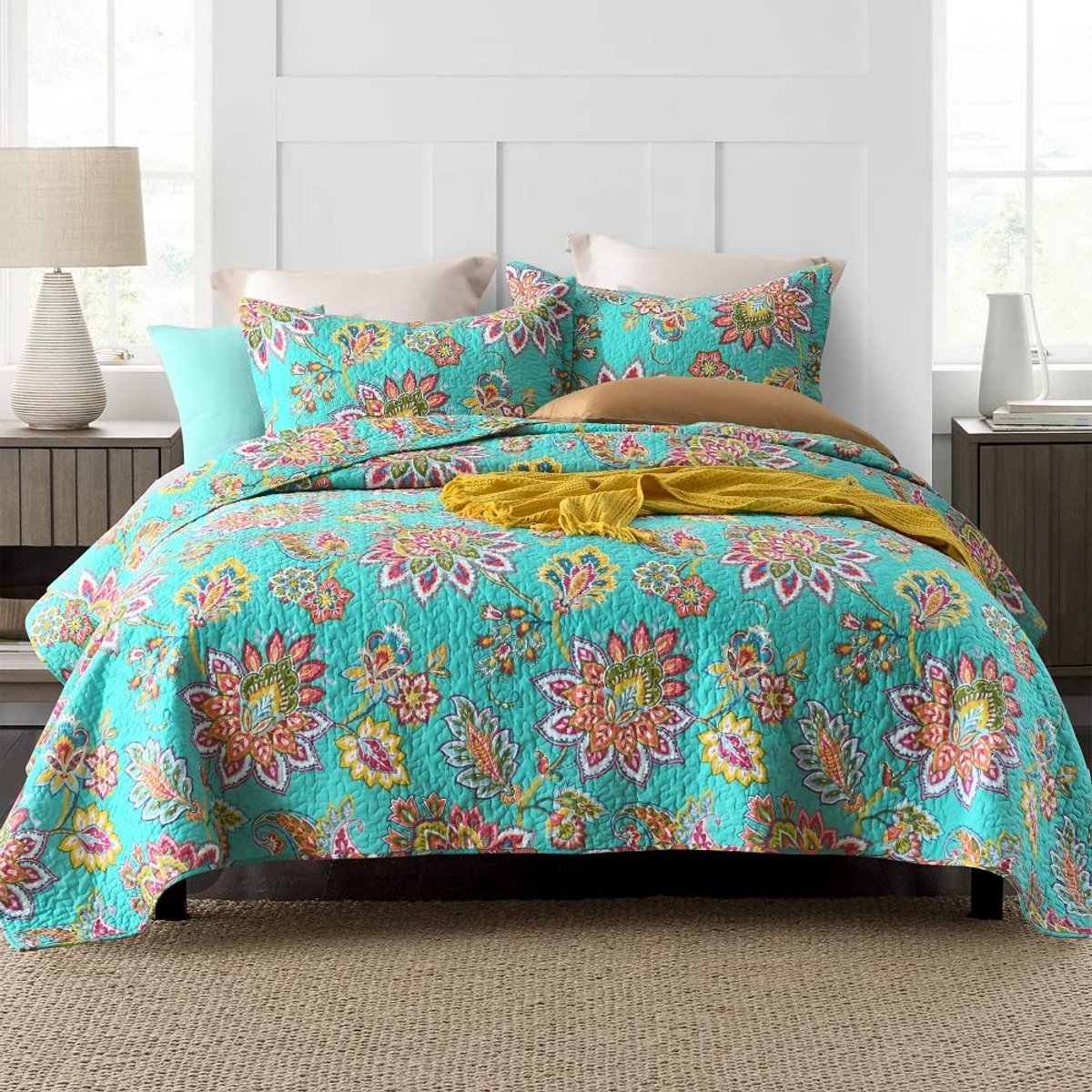 Sprei quiltsets omkeerbaar beddengoed dekbedsets dekbed paisley bloemen sprei (groene vintage bloemen, kingsize maat)