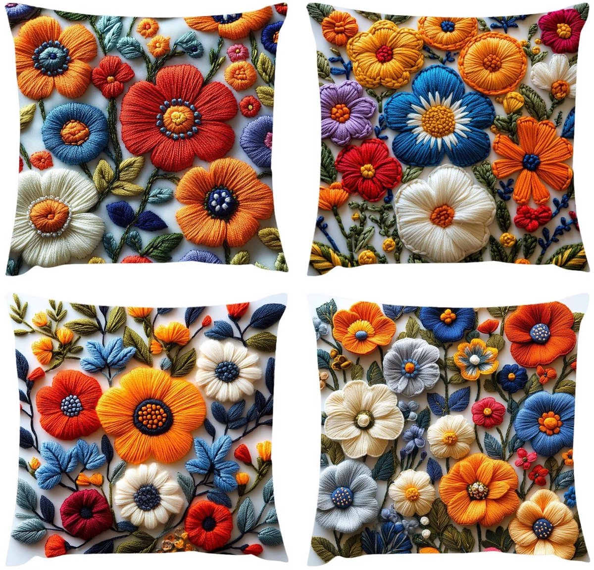 kussen, waterdichte kussensloop, 50 x 50 cm, set van 4, mooi linnen kussen, decoratieve kussenhoes, bloem, bankkussen, decoratief kussen met verborgen, voor bank, slaapkamer, balkon, kinderen