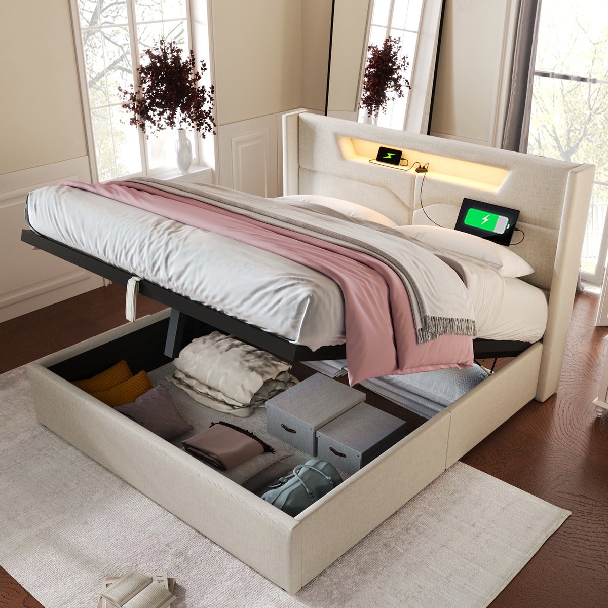 Gestoffeerd tweepersoonsbed 140x200 cm - Met LED-verlichting, USB Type-C-oplaadfunctie en LED-verlichting, opbergbed, bedframe van linnen, lattenbodem - Beige (zonder matras)