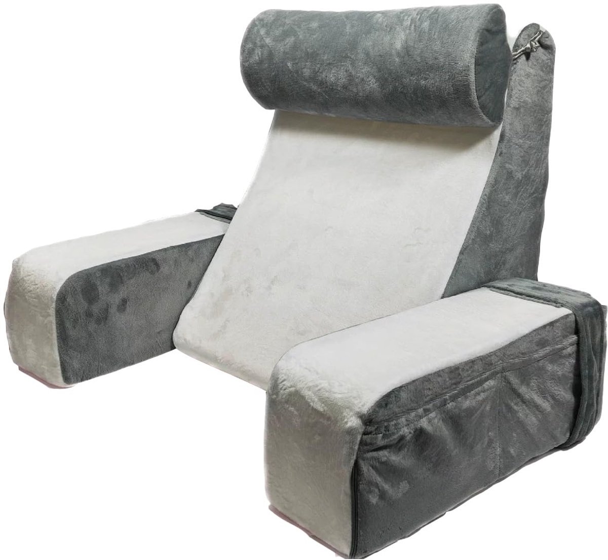 Rugkussen met afneembare nekrol en armleuning, kussen bed rugleuning voor volwassenen, rugsteunkussen, multifunctioneel voor lezen, spelen, tv kijken (grijs-wit)