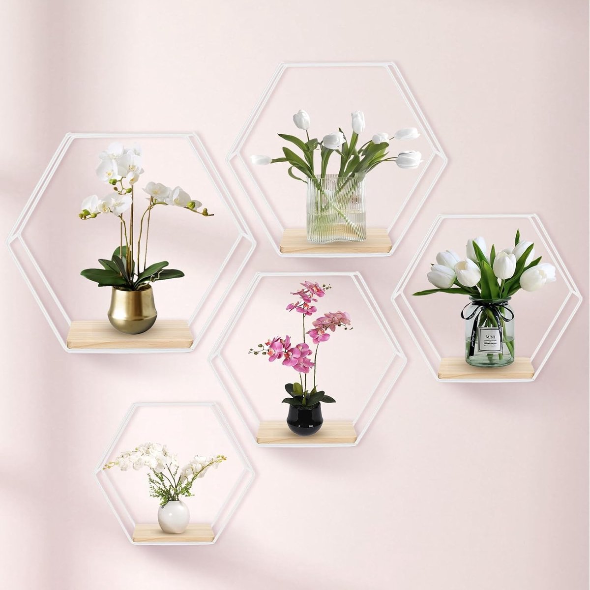 panthem Hexagon Wandrek, wit, metaal, set van 5, wanddecoratie, hangplanken, loft, wandrek, wit voor wanddecoratie in woonkamer, slaapkamer, badkamer, café en hotel