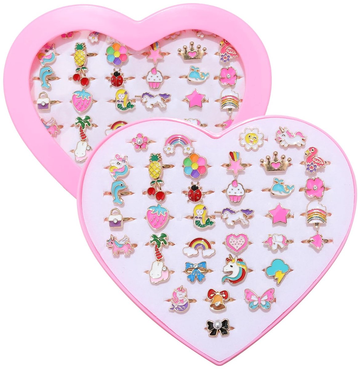 Set van 36 kinderringen voor meisjes, verstelbare ringen voor kinderen met eenhoorn, cartoondesigns, sieradenringen voor meisjes van 4-12 jaar, kindersieradenset voor verjaardagsfeest, Kerstmis
