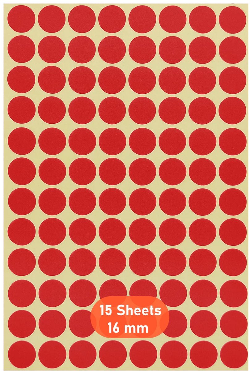 Ronde stippenstickers, 16 mm zelfklevende stippen, 15 stuks, gekleurde cirkellabels, kleurcoderingslabels voor het markeren van kalenders, dvd's, schoolboeken, kunstambachten, 1440 stippen, rood