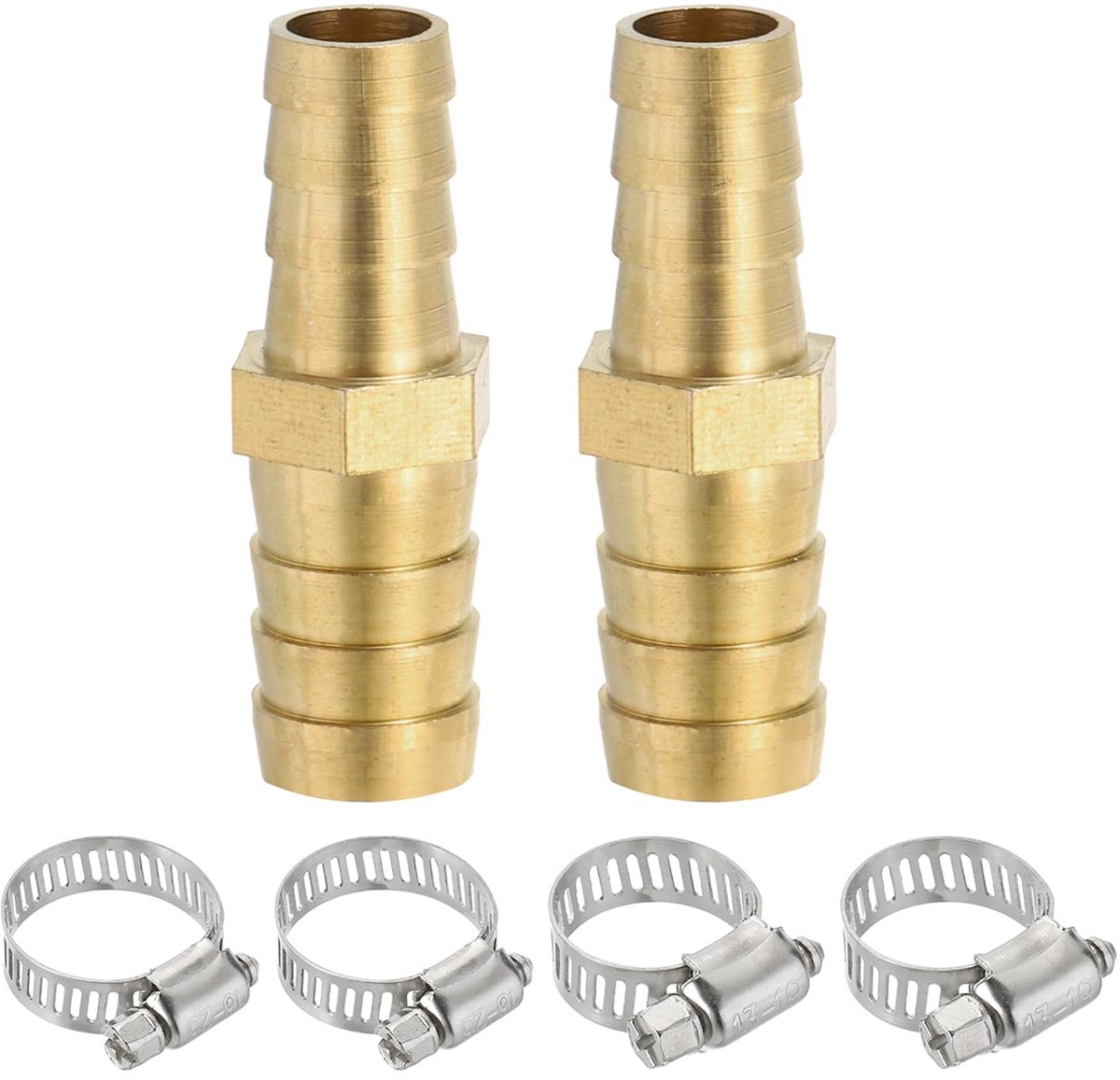 3/8" tot 1/2" Messing slangpilaar reducer, 2 stuks getande slangkoppelingen met 4 RVS klemmen, reducerende splitter lasadapter voor lucht, water, brandstof