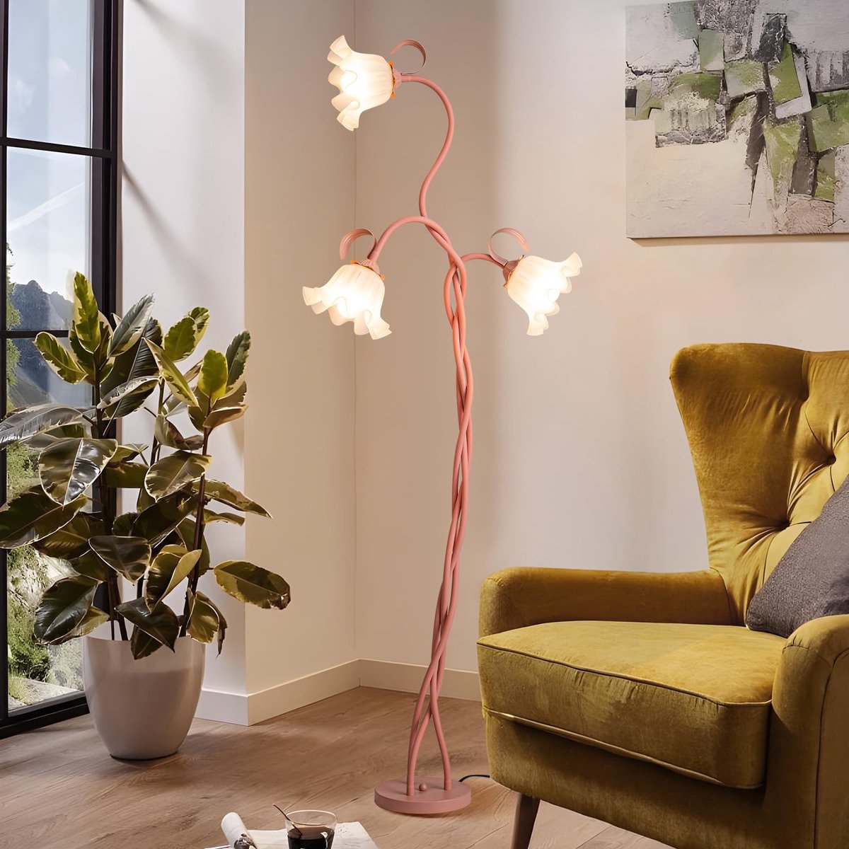 woonkamer, zwanenhals, doe-het-zelf booglamp, staande lamp met 3 koppen, roze, spiraal, di