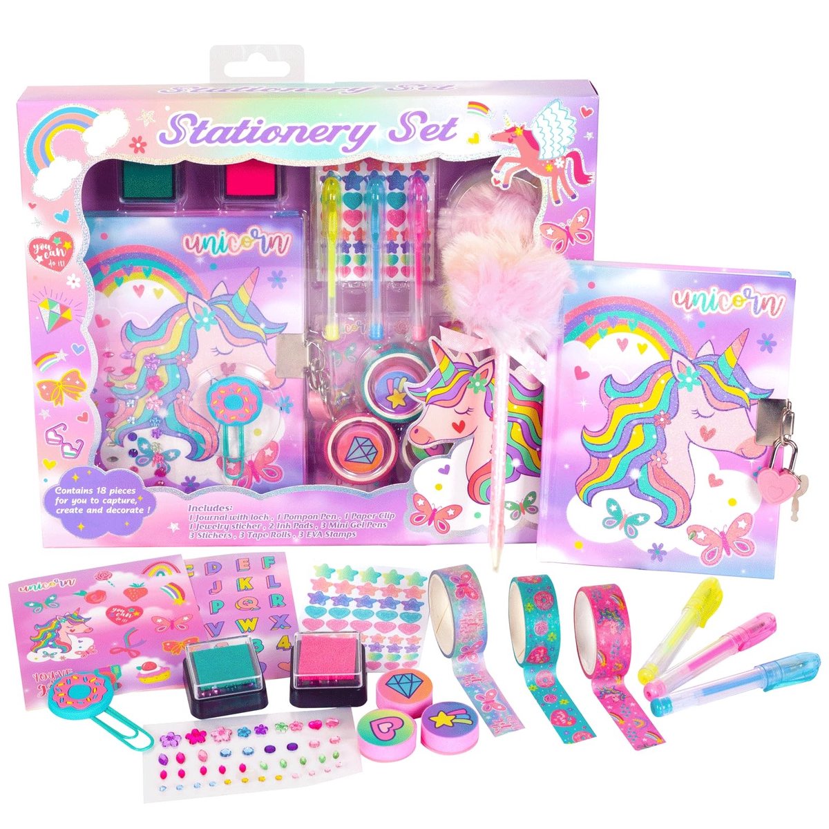 Dailygoods - Eenhoorn dagboek voor meisjes met slot en sleutels, eenhoorn briefpapier set met dagboek, stempels, stickers, pennen, eenhoorn dagboek notitieboek verjaardagscadeau voor meisjes kinderen