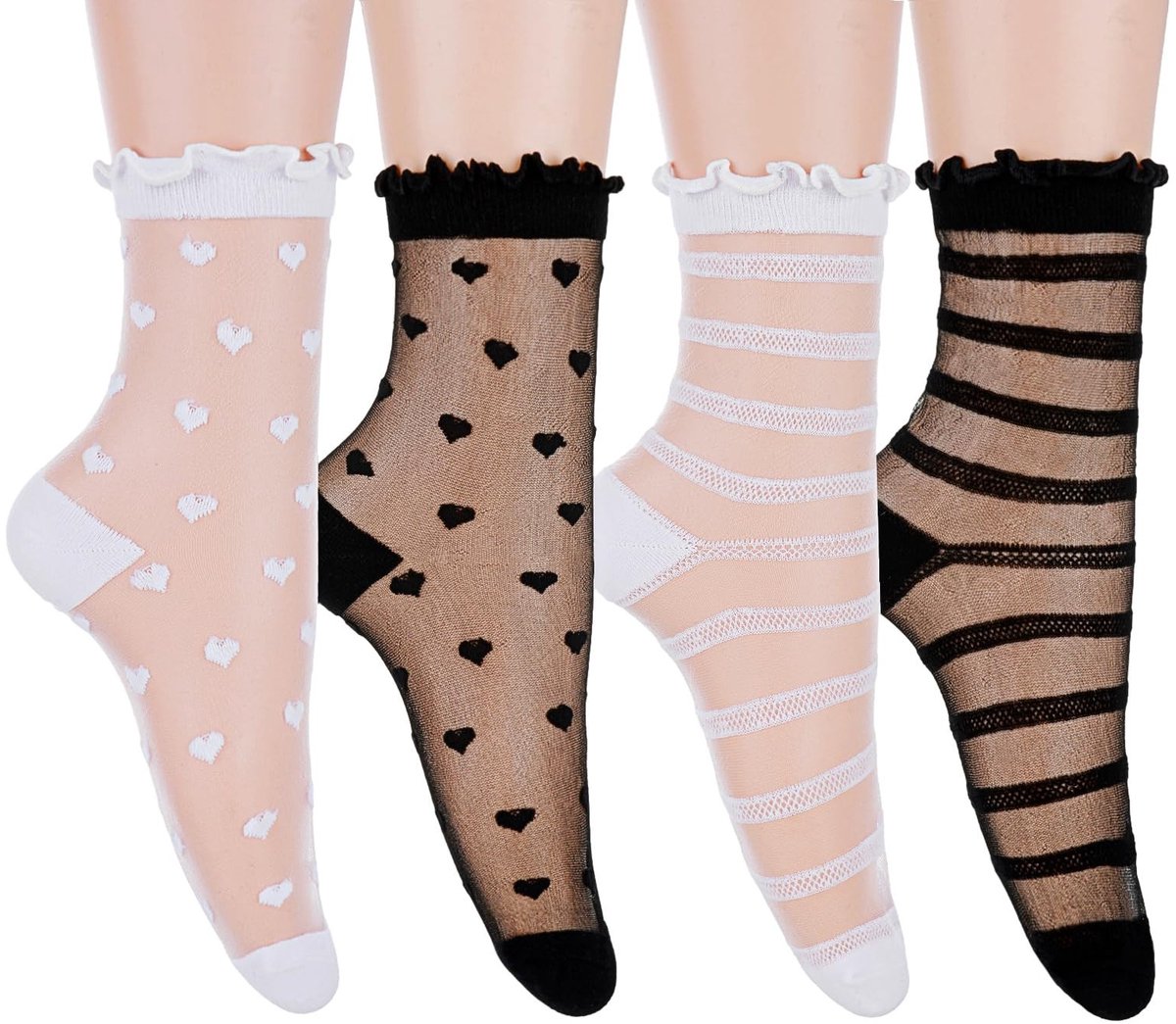 Dailygoods- Sokken met Ruches - Transparante Sokken - Kanten Kousen - Ademend - Lichtgewicht - 4 Paar