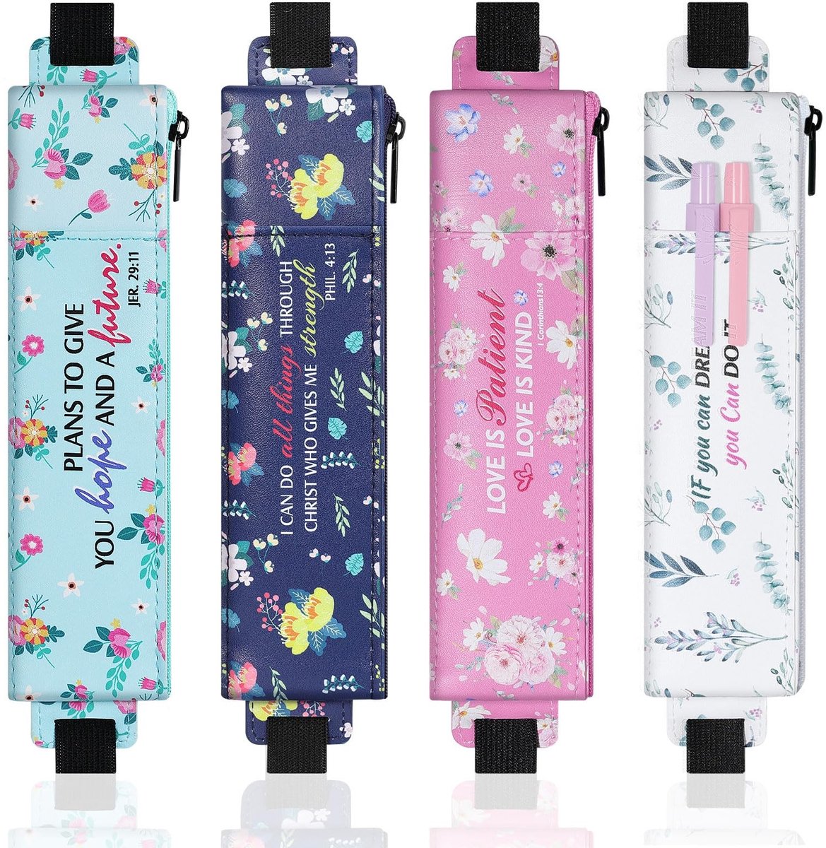 Dailygoods - MoKo Elastische etui voor notebook, 4 stuks, PU-leer, etui met tas, verstelbare band, schrijfwarentas, pennenkoker voor planner, journal, boek voor studenten, cadeau, bloemen