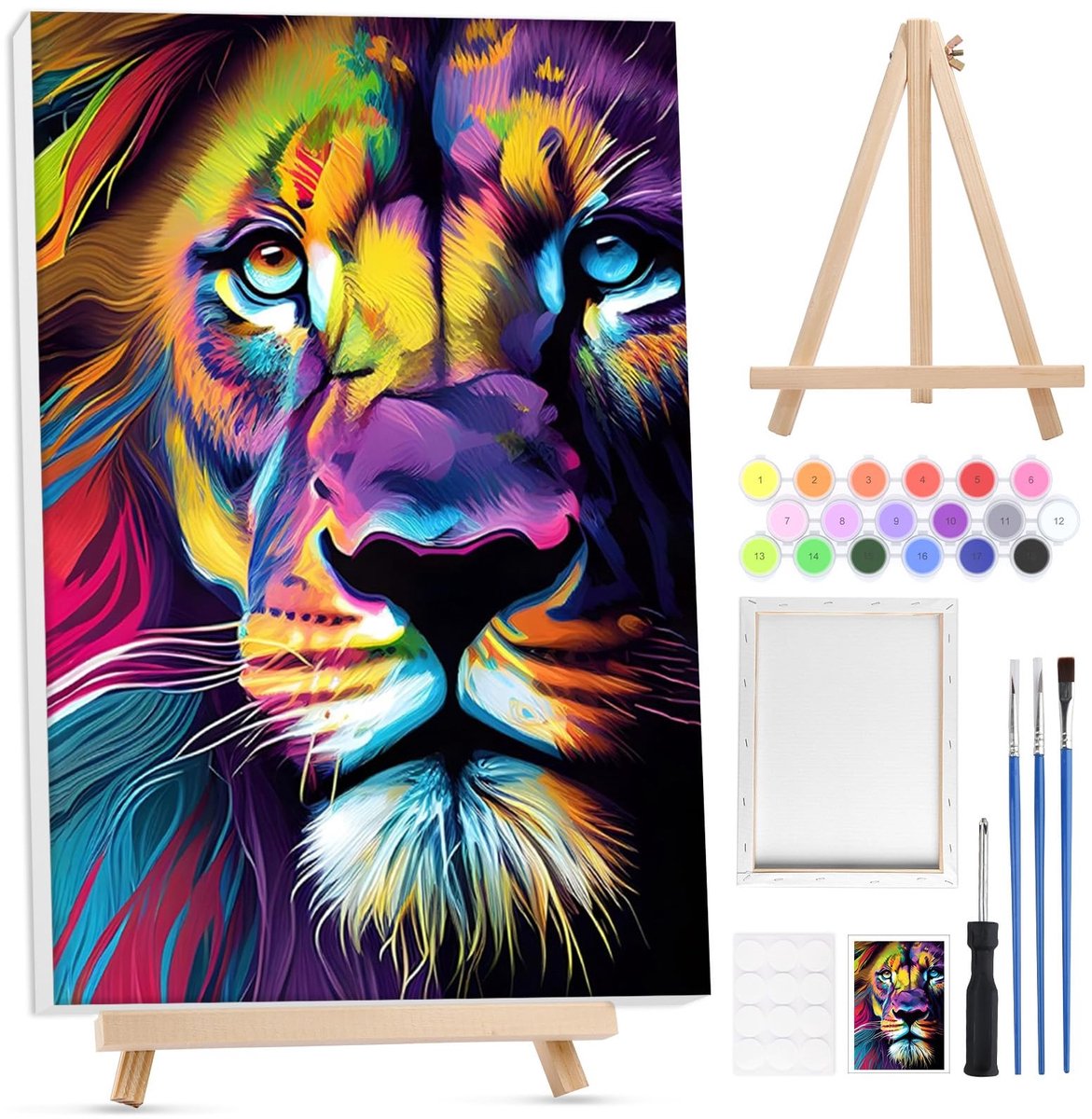 Dailygoods - Lxmsja Schilderen op nummer, leeuw, volwassenen, met lijst, schilderen op nummer, dier met houten schildersezel, doe-het-zelf set volwassenen met kwasten en acrylverf, handgeschilderd,