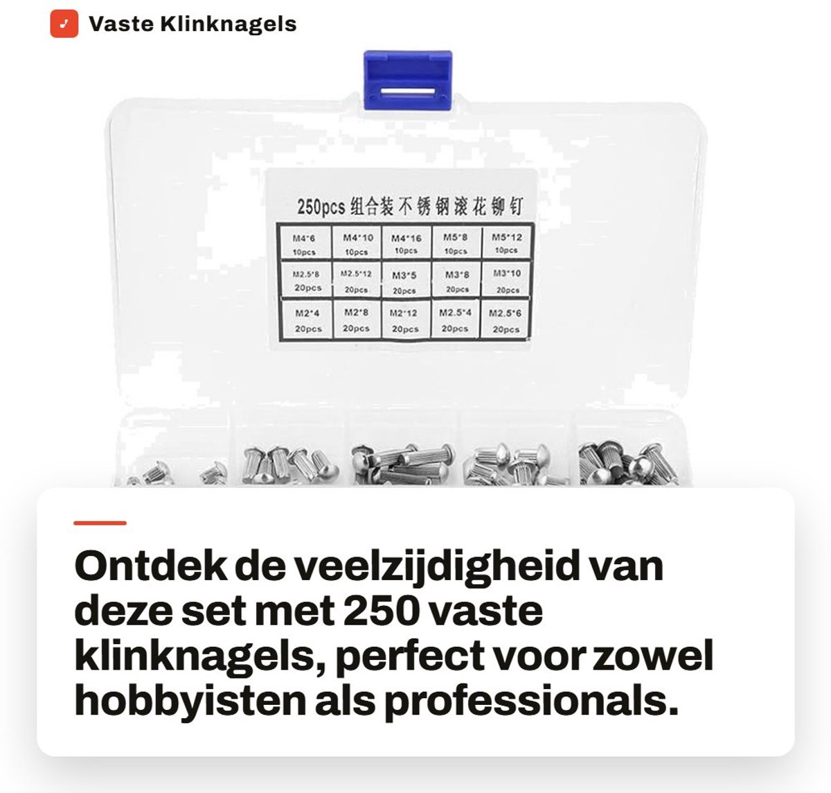 Dailygoods- Klinknagels 250 stuks - Roestvrij Staal - Assortiment M2-M5 - Duurzaam - Gekartelde Shank - Praktische Opberging - Klinknagelset