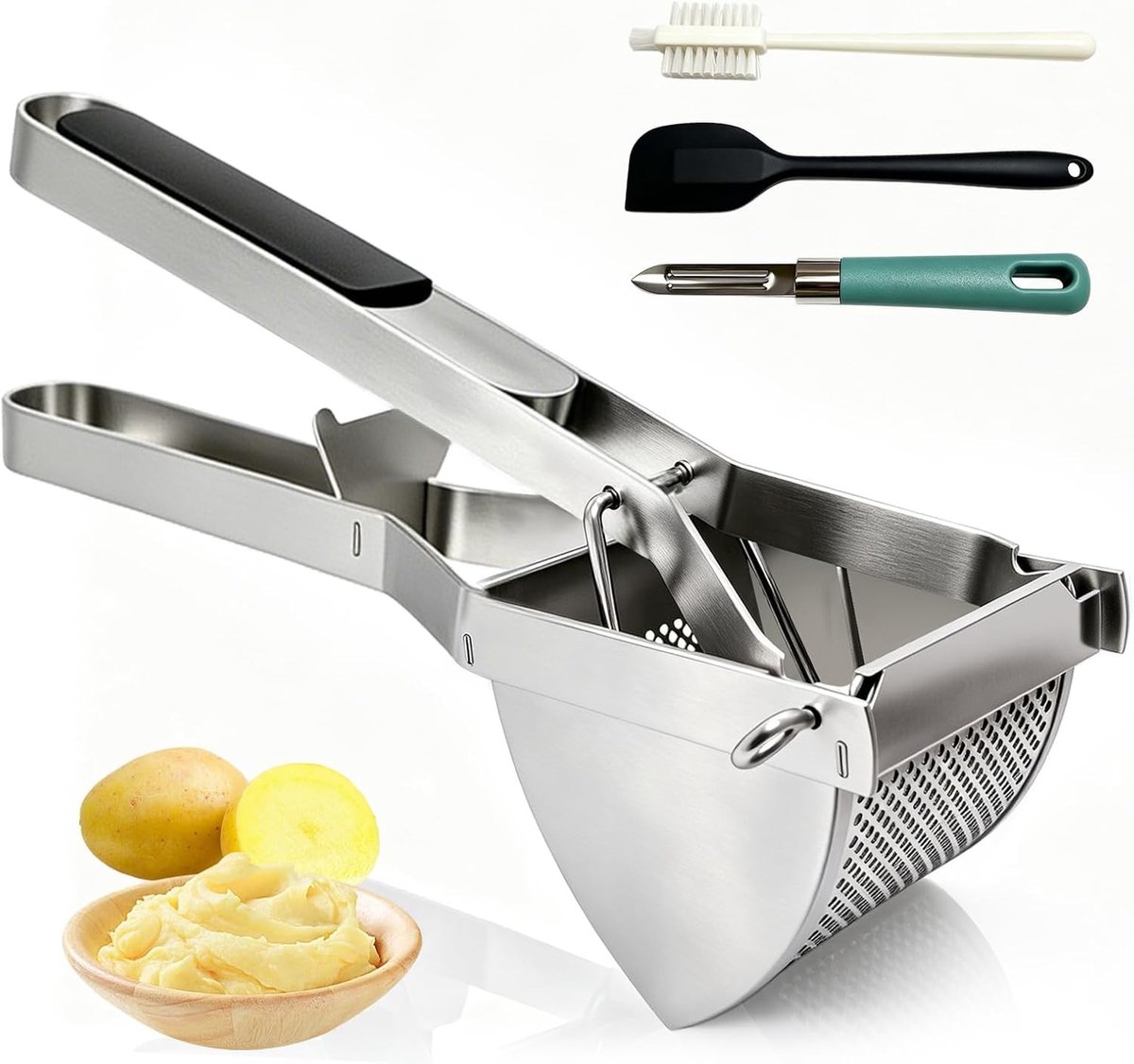 Robuuste aardappelpers van roestvrij staal met antislip handgreep voor romige aardappelpuree en groentepuree, vaatwasmachinebestendig en duurzaam