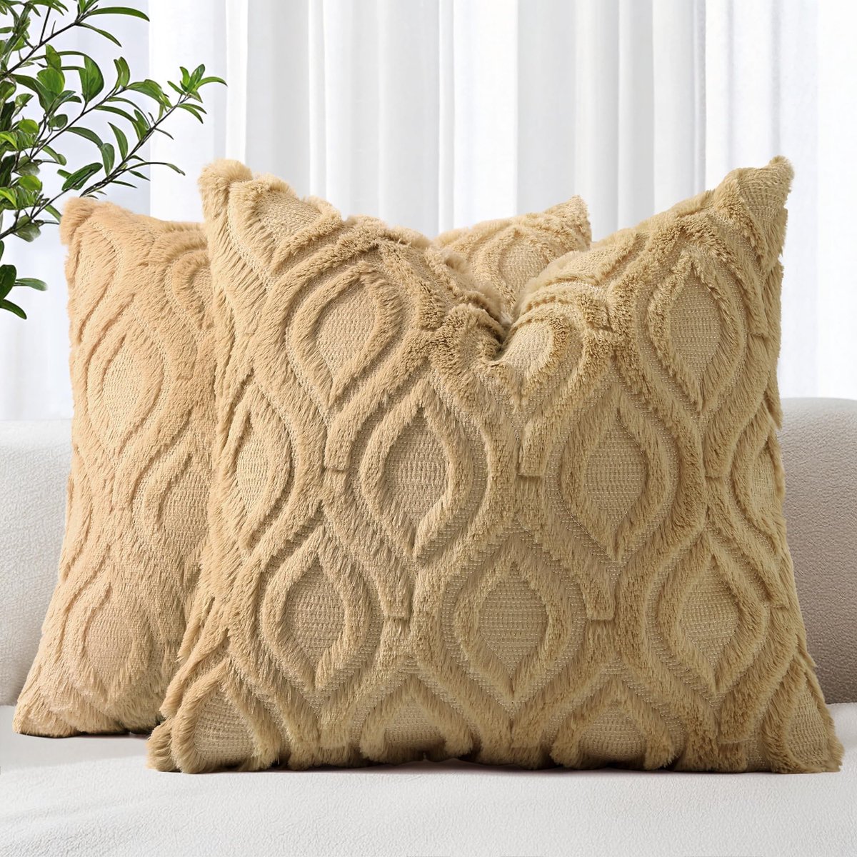 decorUhome Set van 2 kussenslopen uit kunstbont, 55 x 55 cm, decoratieve, zachte pluche pluizige fluwelen kussenhoes 55 x 55 cm, vierkant, boho, neutrale kussensloop voor bank, taupe