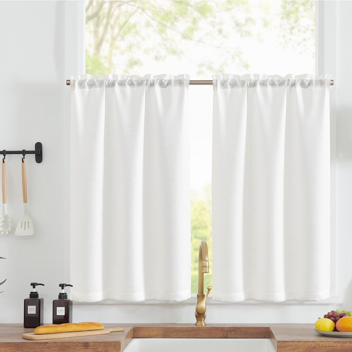 Raamgordijn, blikdicht gordijn, gaas, sjaals, halftransparant, raamsjaal voor keuken, woonkamer, landhuis, wit, 90 x 90 cm (b x h)