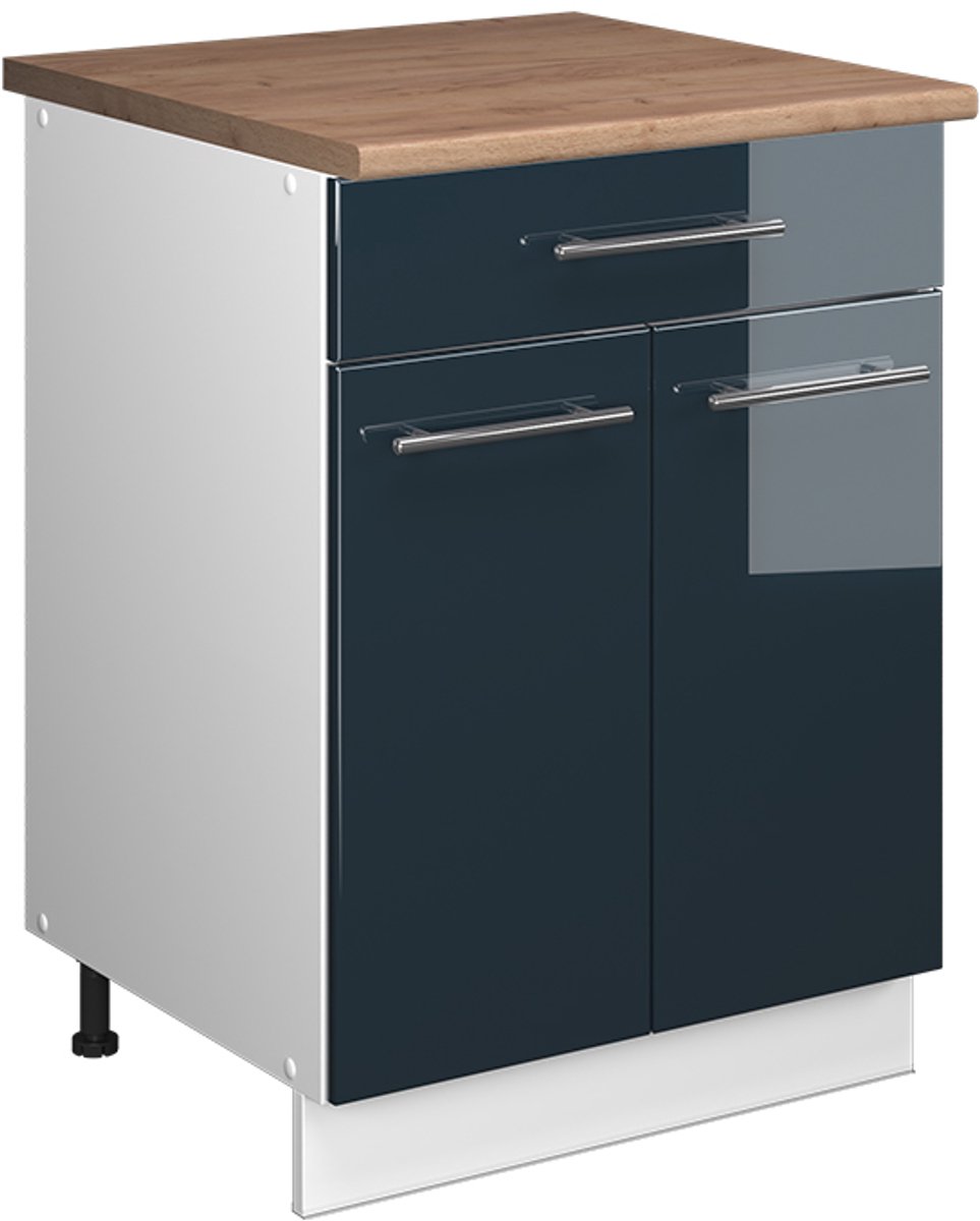 Vicco Onderkast voor spoelbak/kookplaat Fame-Line, Donkerblauw hoogglans/Wit, 60 cm met lade, WB Eik
