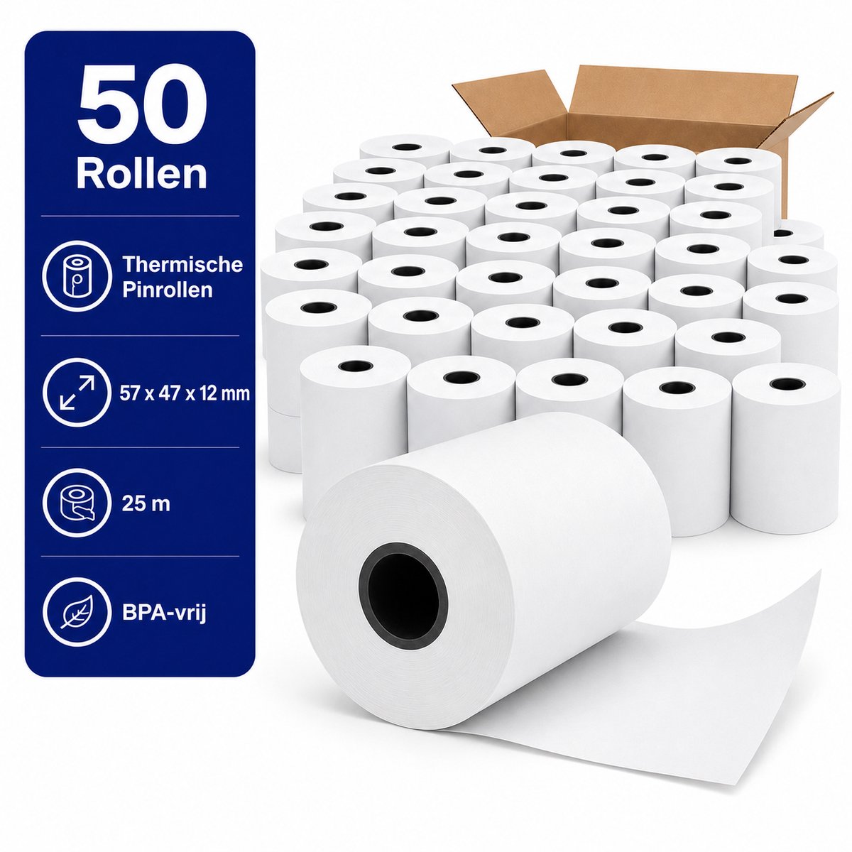 Thermische Pinrollen 57 x 47 x 12 mm – 25 Meter – 48 grams – BPA-vrij – Kassarollen / Bonrollen – 50 Stuks