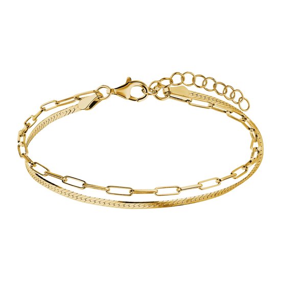 Bracelet doré à deux rangs : une fine chaîne serpent et une chaîne à maillons rectangulaires. Fermoir réglable.