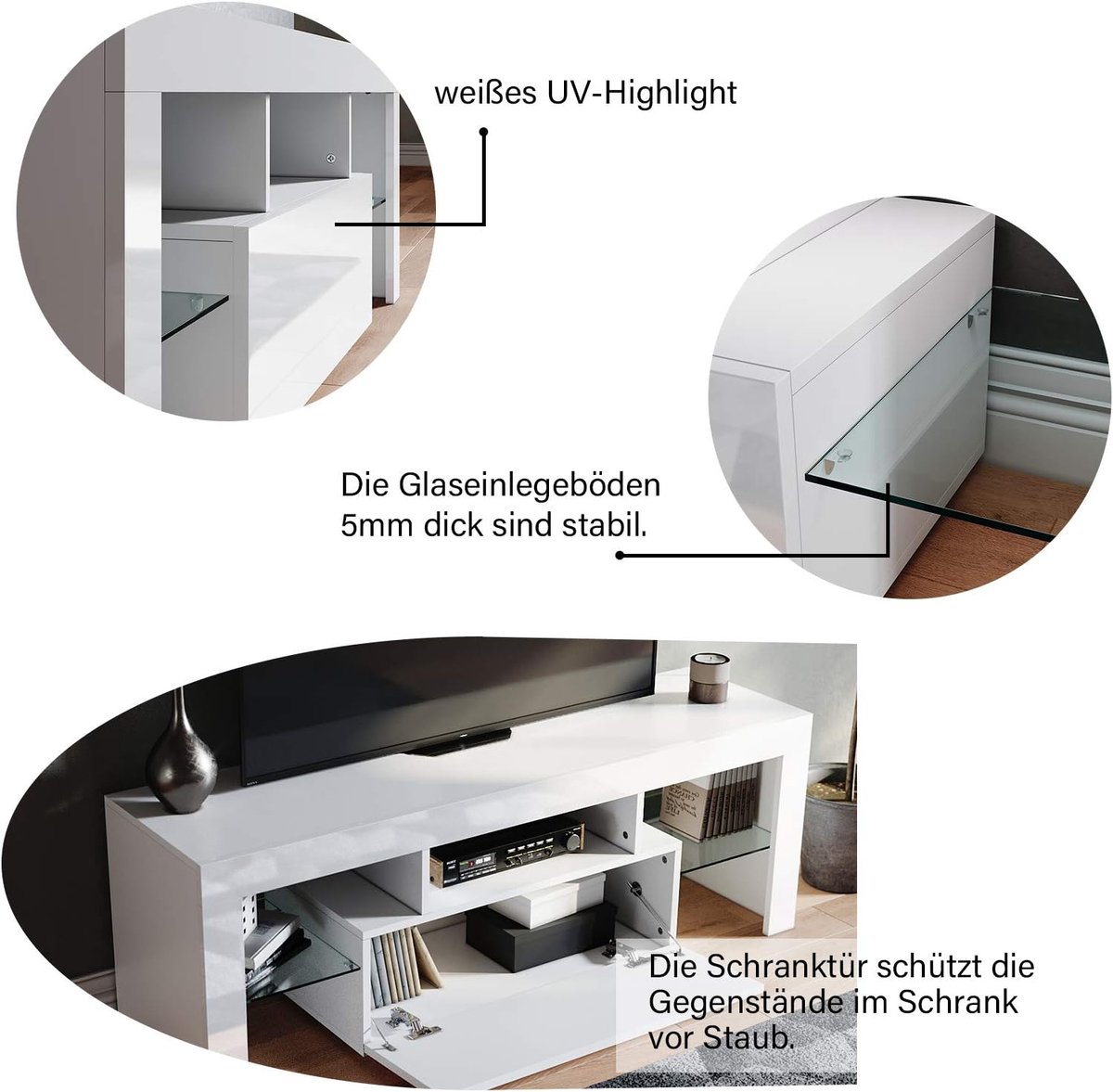 TV-meubel met LED verlichting – House&Garden Modern Luxe TV Kast Hoogglans Wit 140 cm – Lowboard TV Dressoir tot 65 inch – 16 Kleuren RGB LED Verlichting met Afstandsbediening – Glazen Planken & Lade – Soft Close Scharnieren