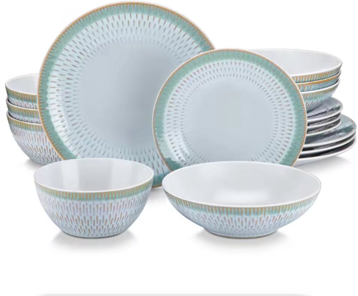Serviesset 48 delig Wit/Groene Rand - 12 persoons, Dinerborden en Bordenset - Voor Diner, Keuken, Dagelijks Gebruik en Ontbijt