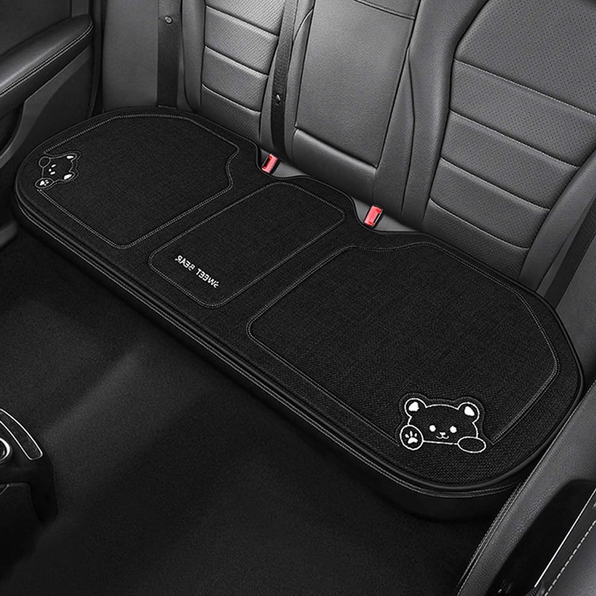 Linnen Autostoel Kussen voor Voorzitplaats met Cartoon Beer Ontwerp, Antislip en Comfortabel voor Auto's en SUV's (Zwart, 132x50cm)