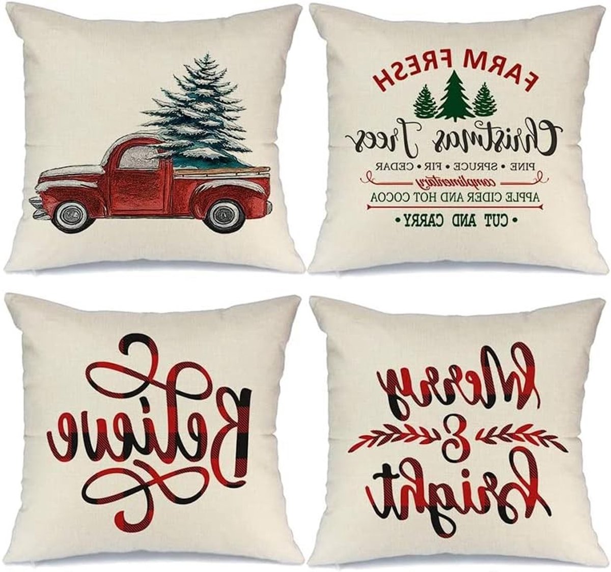 Set van 4 Kerst Kussenhoezen, Decoratieve Kussens voor Bank en Slaapkamer, Winterse Woondecoratie (45 x 45 cm)