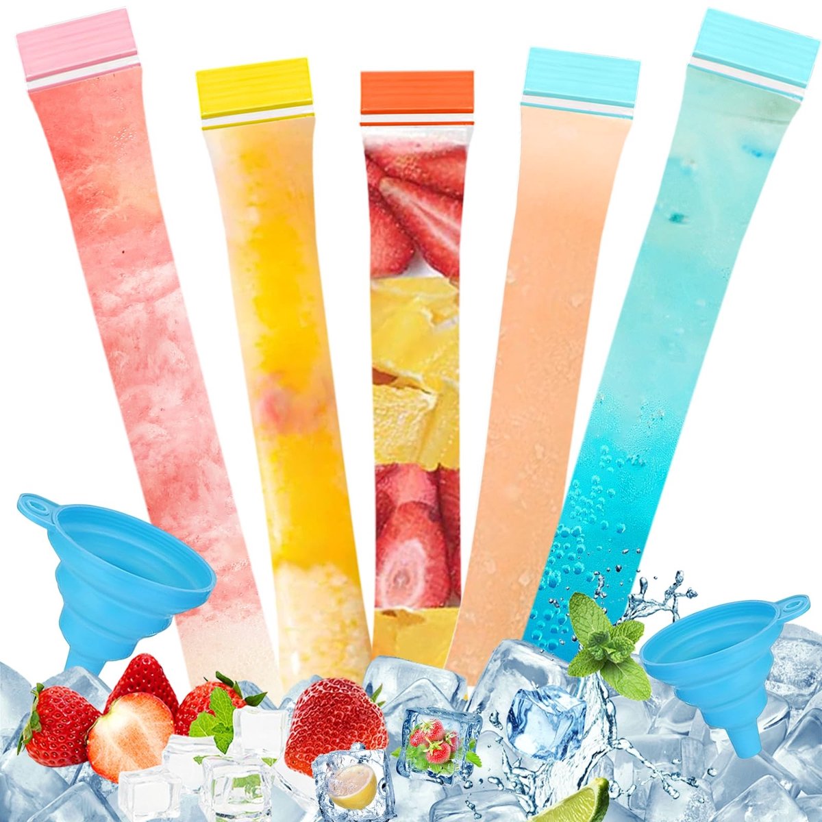 Dailygoods - 250 Stuks Waterijszakjes met 2 Trechters - Herbruikbare IJs- en Sapvormen voor Kinderen