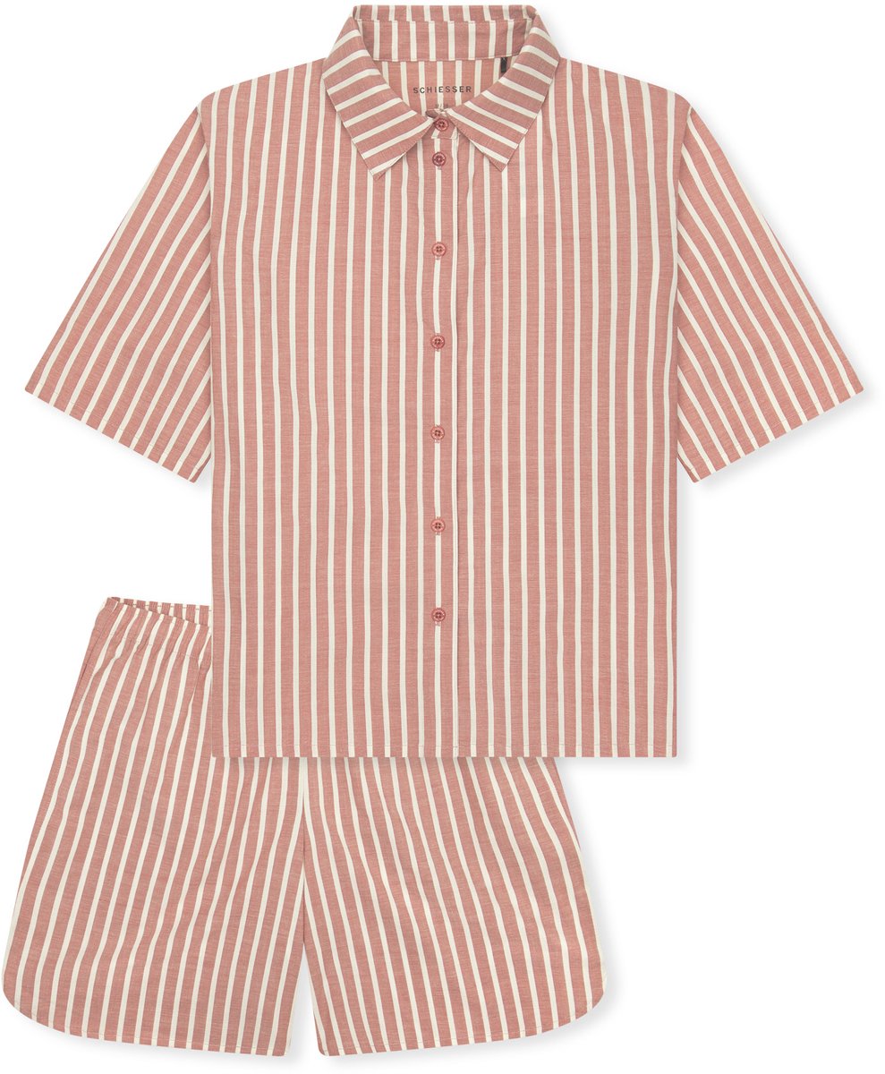 Schiesser dames Selected Premium korte pyjama van geweven stof met strepen in terracotta-kleur - terracotta dessin Oranje