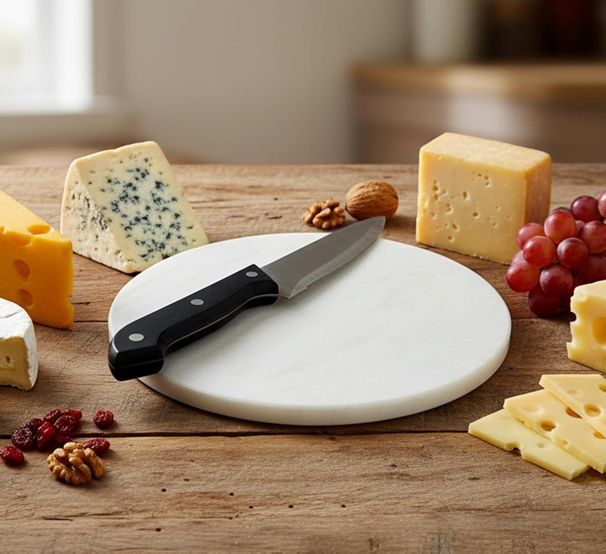 Thijox - Marmeren snijplank - Ronde kaasplank en wijnschotel - Wit 9 inch - Stijlvolle serveertafel voor kaas, wijn en snacks - Perfect voor feesten e