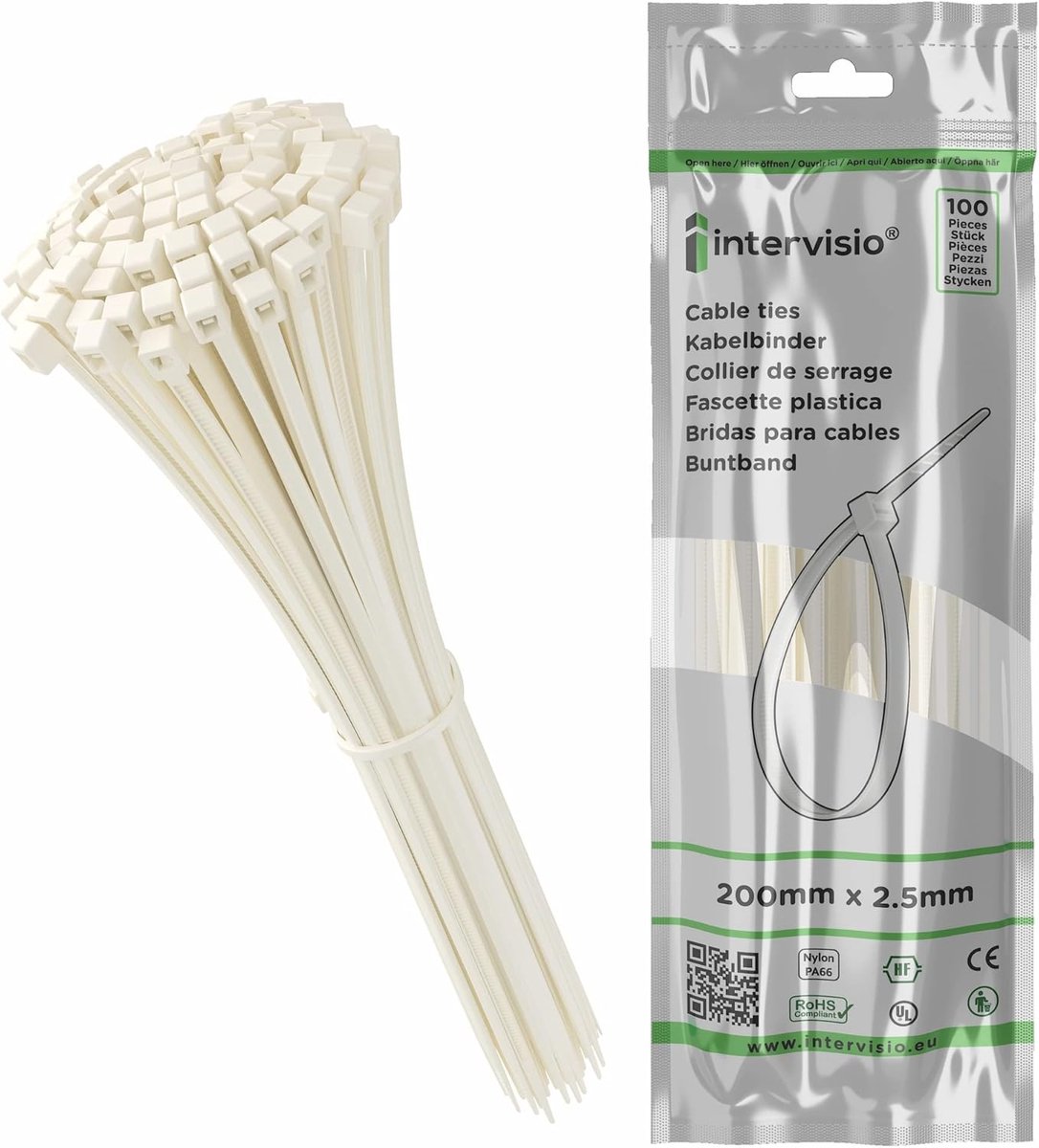 Thijox - Kabelbinders 200mm x 2,5mm Wit - Premium Plastic Tie Wraps, 100 Stuks Nylon Bundelbandjes voor Tuin, PC, Feest en Klussen