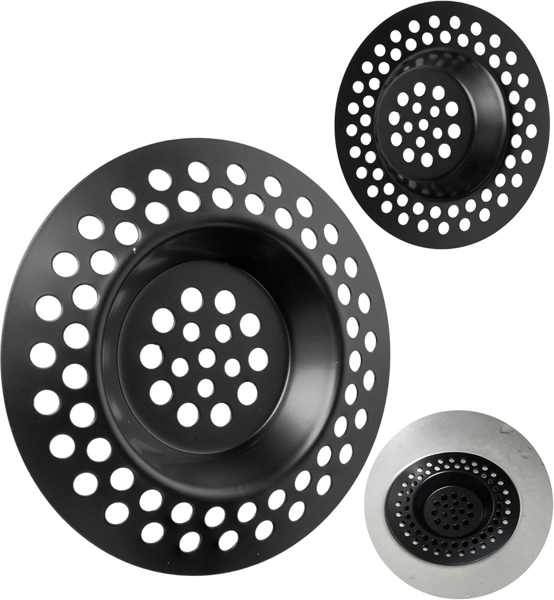 Thijox - Afvoerzeef Roestvrij Staal Set van 2 - Ø 70 mm Buiten, 42 mm Binnen, 9,5 mm Insteek - Zwarte Afvoerzeef voor Gootsteen, Wastafel, Douchebak e