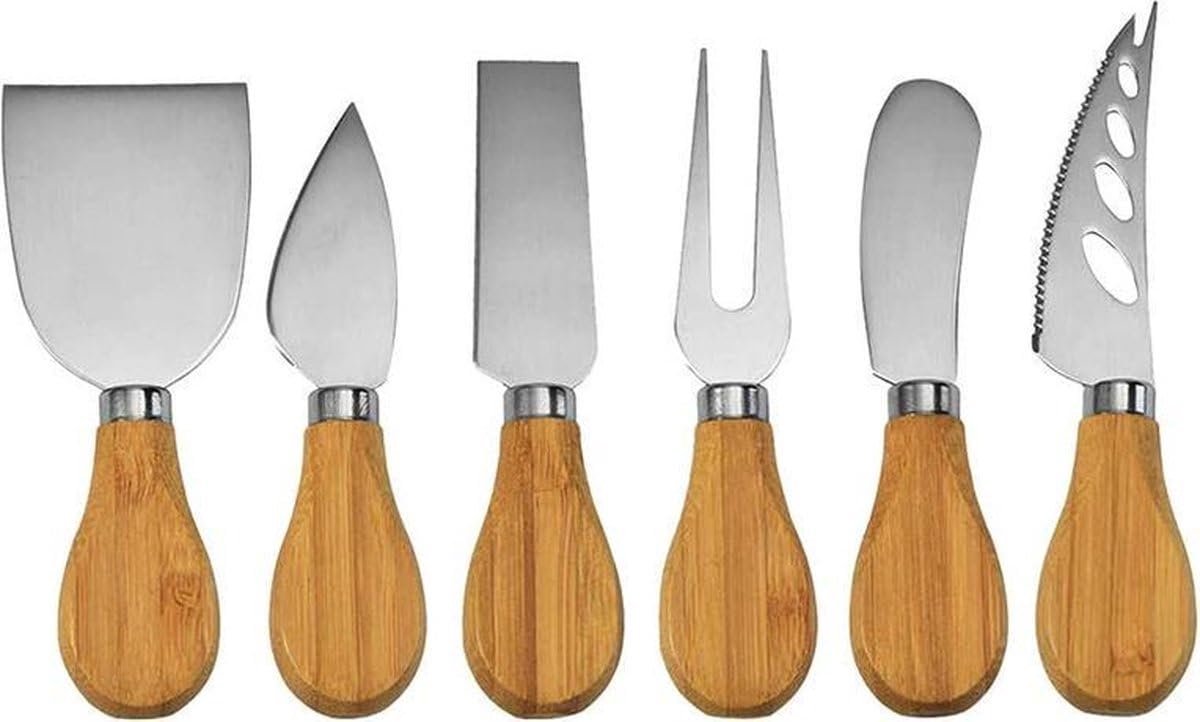 Thijox - Kaasmesjes Set - 6 RVS Kaasmessen met Houten Handgrepen - Perfect voor Kaasplank, Borrel, Diner en Cadeau voor Kaasliefhebbers