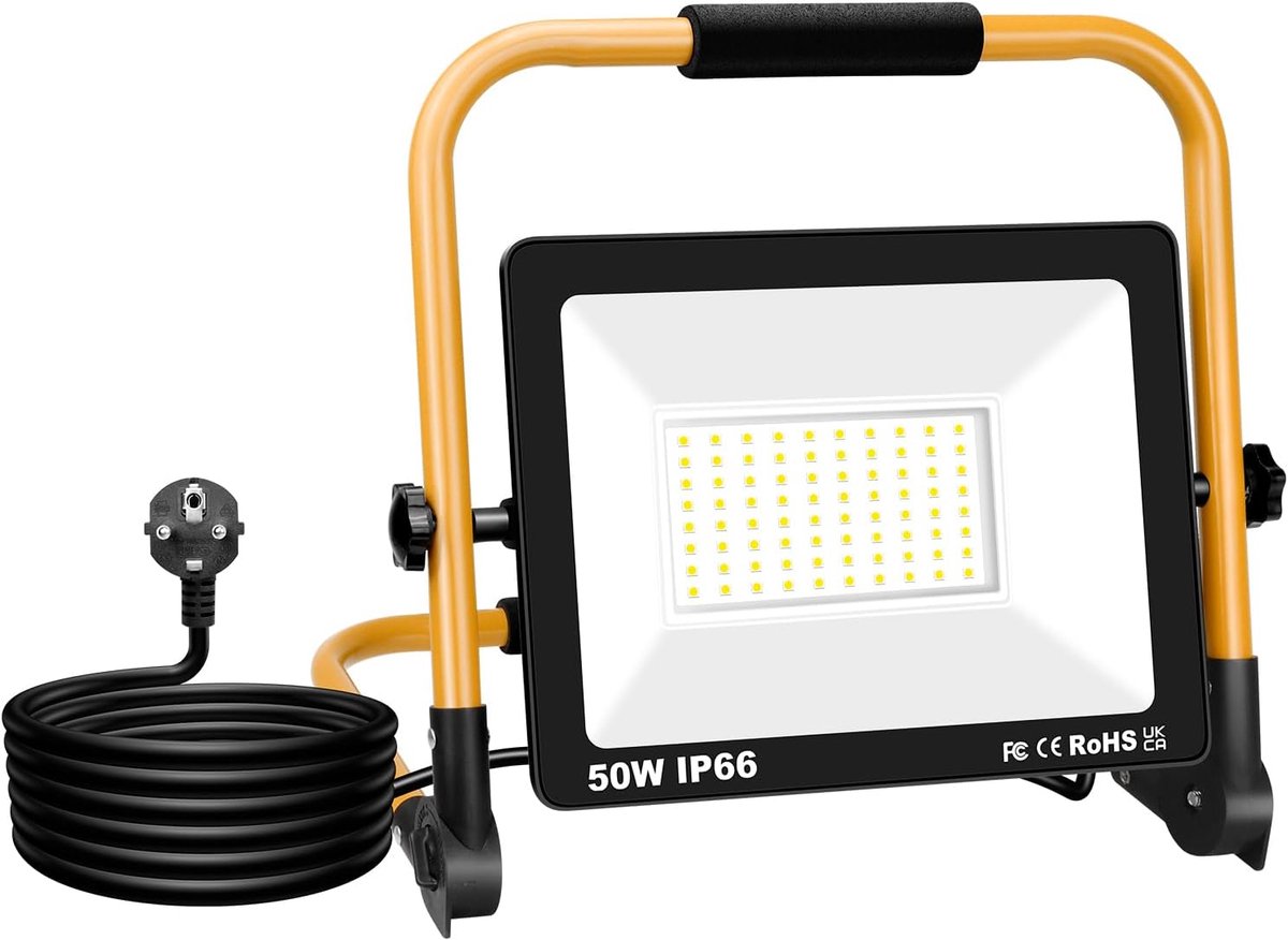 Thijox - Draagbare LED-werklamp 50W, 5000 lm, Waterdicht IP66, Inklapbare Houder, Bouwspot voor Werkplaats, Garage, Buiten, 6000K Wit Licht
