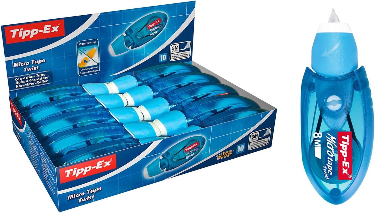 SnelShoppen - Correctieroller Microtape Twist Set van 10 Stuks Blauw - Sneldrogende Correctietape voor Kantoor, Thuis en School - 8 Meter per Rol