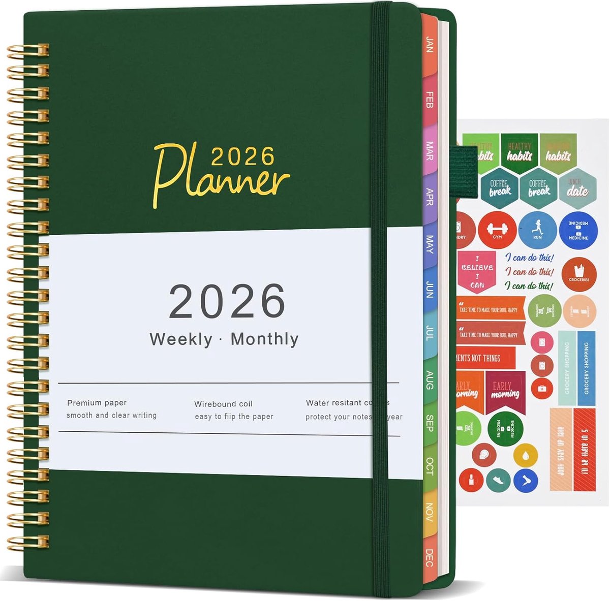 SnelShoppen - Agenda 2026 A5 Dagplanner Weekplanner met Harde Kaft, Groen, School Planner met Binnenvak, Stickers en Pennenclips, 21,5 x 16,5 cm voor