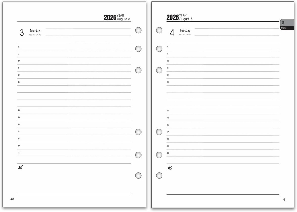 SnelShoppen - Kalender inleg 2026-2027 A5, 6 gaten, 1 dag per pagina met maandoverzicht, notities en contact, navulpapier voor planner, dagkalender 14