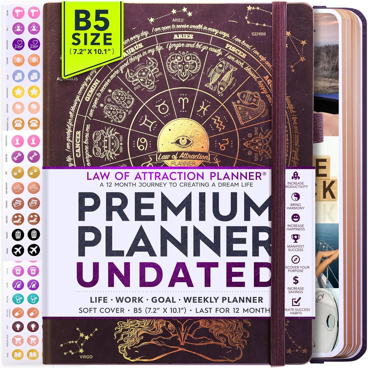 SnelShoppen - Law of Attraction Life Planner - Ongedateerde Wekelijkse en Maandelijkse Planner voor Productiviteit, Geluk, Dankbaarheid, Inclusief Bev
