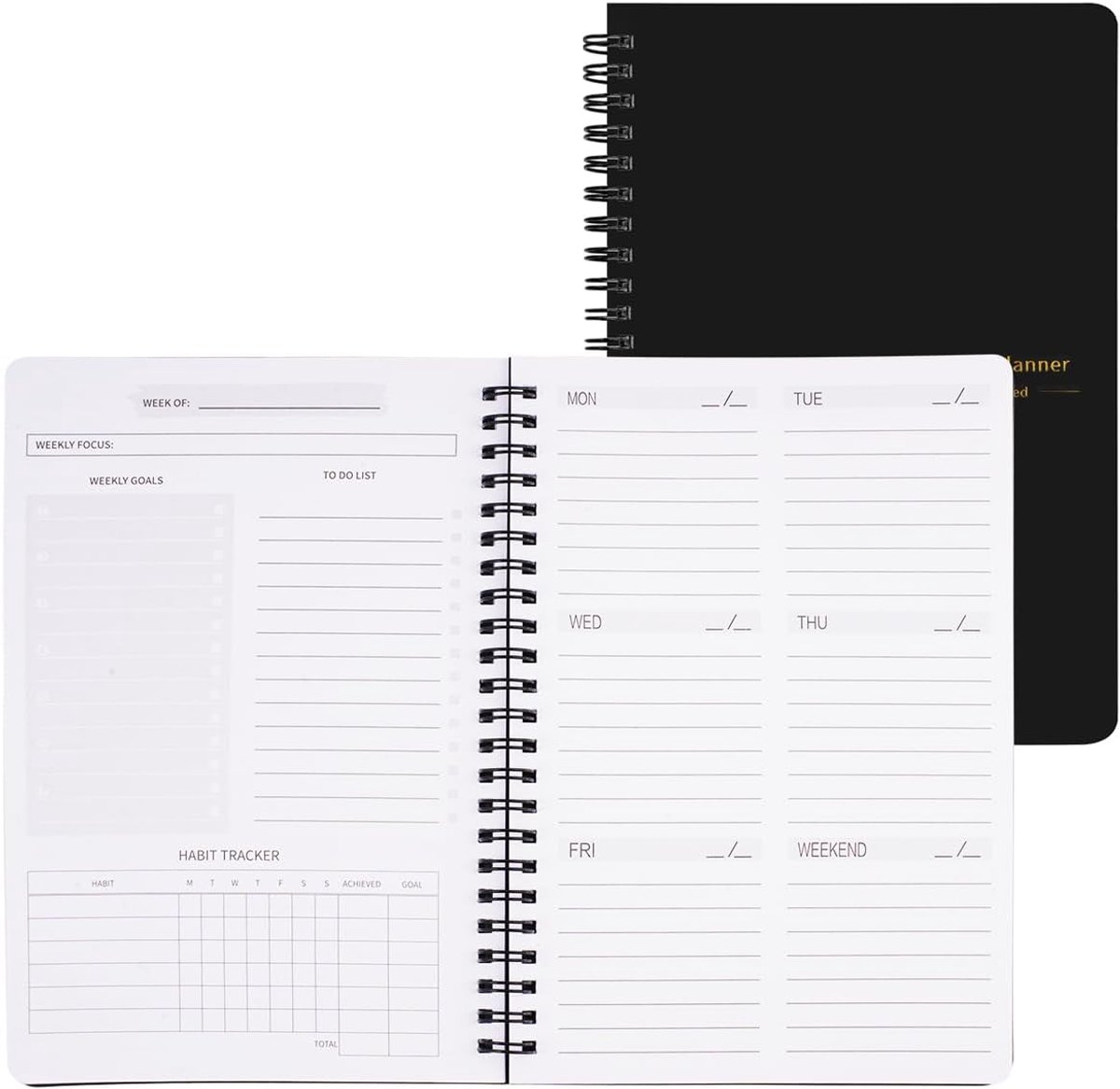 SnelShoppen - Ongedateerde Weekplanner A5 - 52 Vellen, 104 Pagina's - Zwart - Dagelijkse Planner voor Werk en School, Spiraalbind, Tijdmanagement