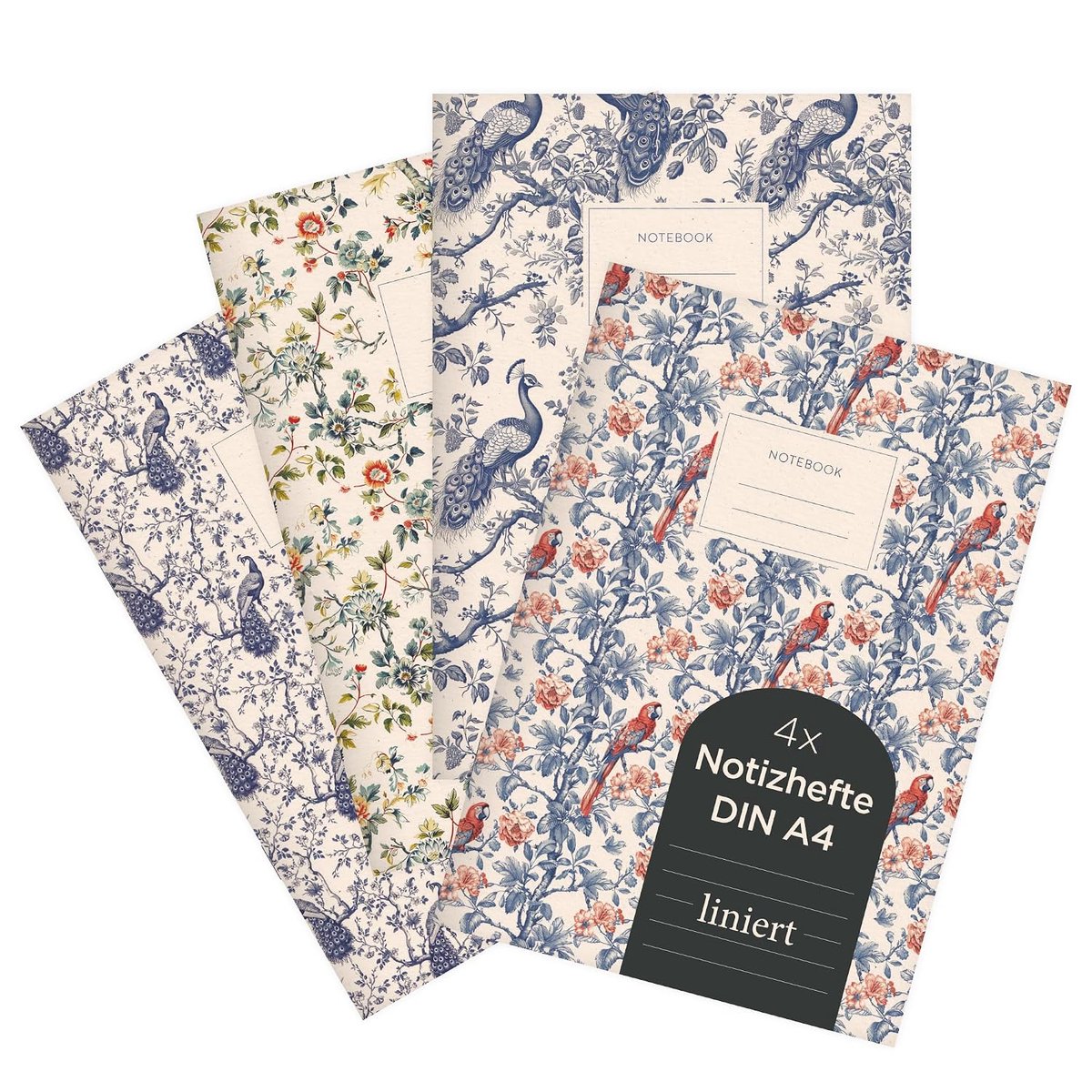 Thijox - Set van 4 A4 Notitieboekjes met Chinoiserie Patronen, Gelinieerd, 240 g/m² Karton, FSC-gecertificeerd, Ideaal voor Studie en Creatief Schrijv
