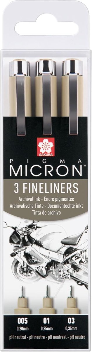 Thijox - Sakura Pigma MICRON FD-Set viltstiften 3-delig in etui, zwart, met pigmentinkt, ideaal voor tekenen, schetsen, en handlettering
